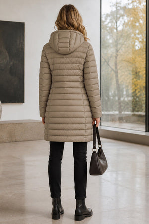 TAUPE HOODED LIGHTWEIGHT QUILT PUFFER JACKET