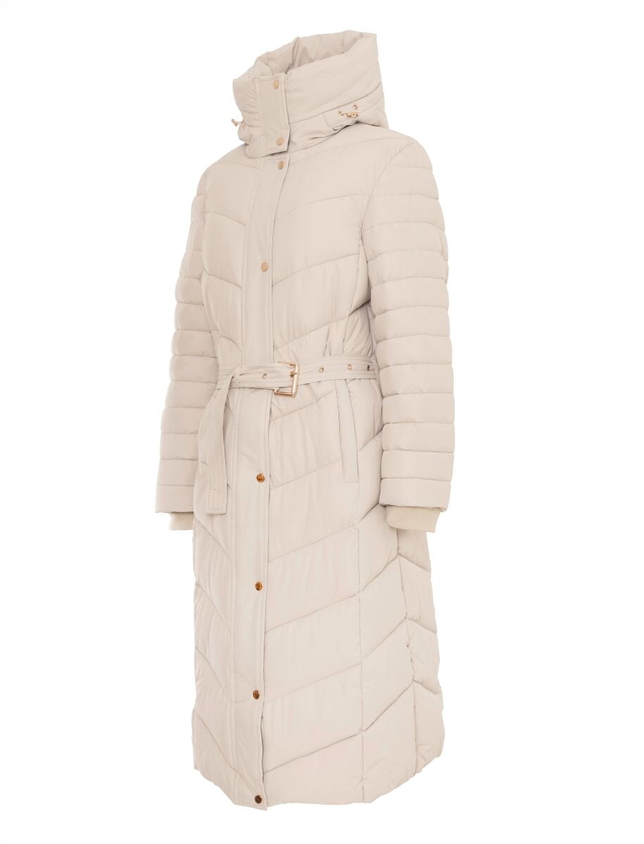 OYSTER QUILTED GOLD TRIM LONGLINE BELTED HOODED COAT
