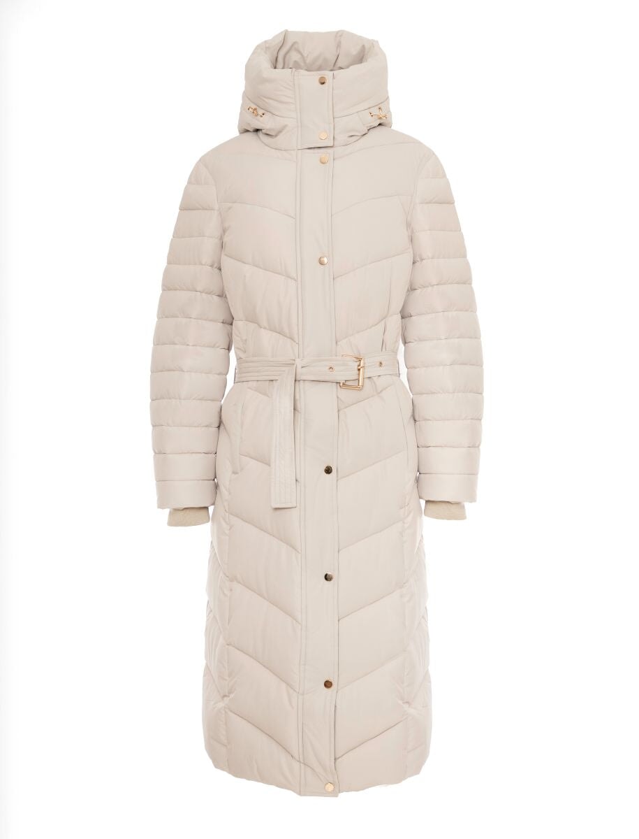 OYSTER QUILTED GOLD TRIM LONGLINE BELTED HOODED COAT