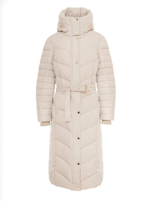 OYSTER QUILTED GOLD TRIM LONGLINE BELTED HOODED COAT