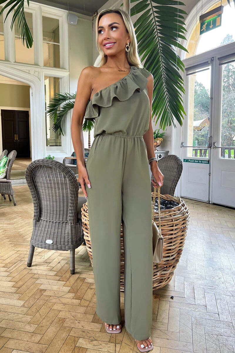 AX PARIS KHAKI FRILL ONE SHOULDER JUMPSUIT - AXP OUTLET