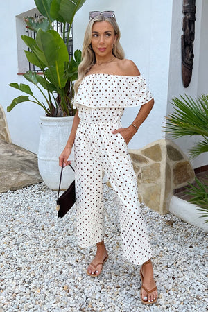 AX PARIS CREAM AND BROWN POLKA DOT BARDOT FRILL CULOTTE JUMPSUIT