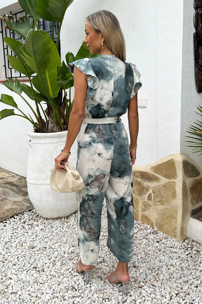 AX PARIS DUCK EGG MARBLE PRINT WRAP TOP BELTED JUMPSUIT