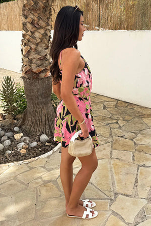 AX PARIS PINK TROPICAL FLOWER PRINT RACER NECK PLAYSUIT