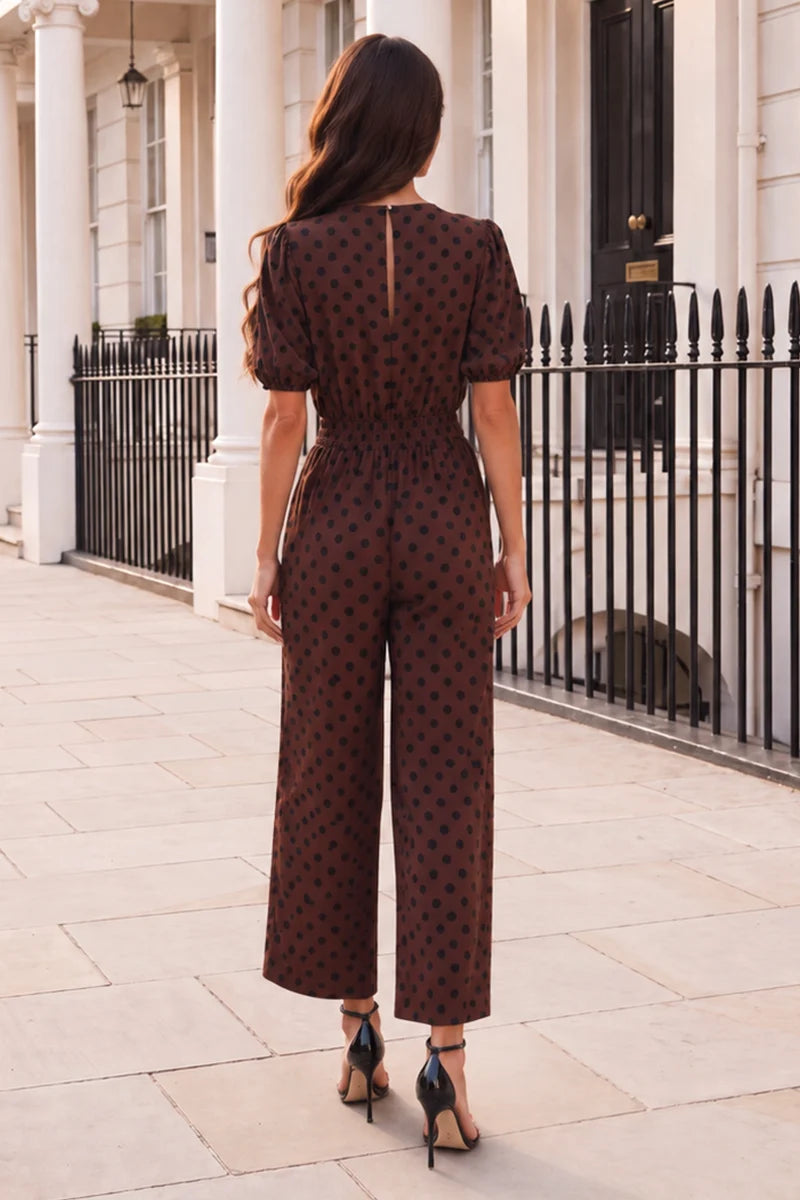 AX PARIS CHOCOLATE AND BLACK POLKA DOT PUFF SLEEVE CULOTTE JUMPSUIT