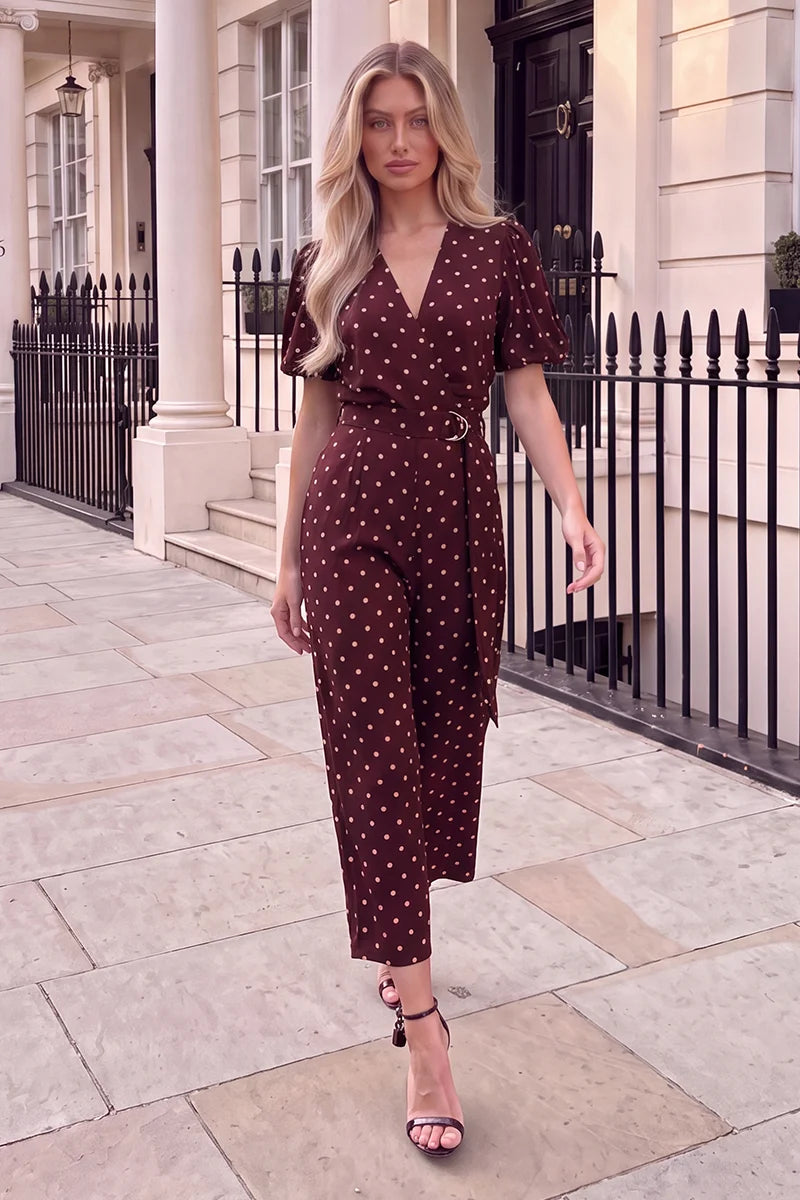 AX PARIS BURGUNDY POLKA DOT BELTED WRAP JUMPSUIT