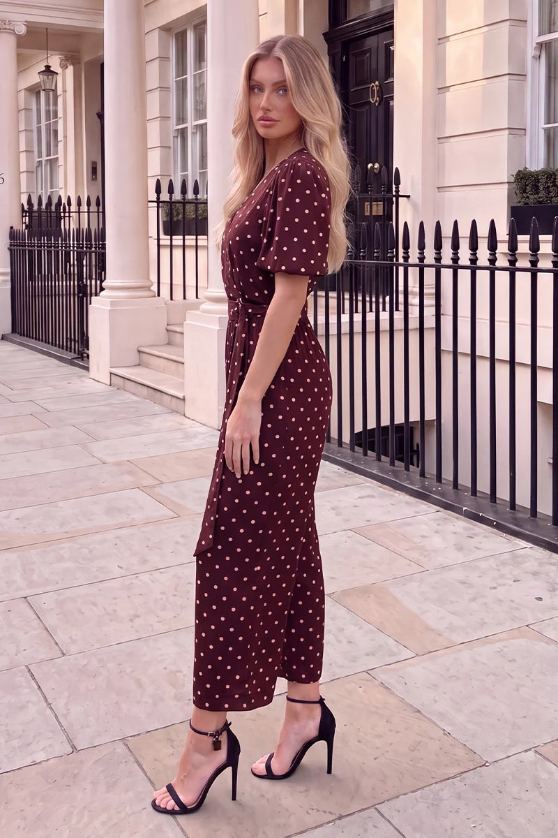 AX PARIS BURGUNDY POLKA DOT BELTED WRAP JUMPSUIT
