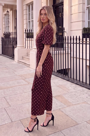 AX PARIS BURGUNDY POLKA DOT BELTED WRAP JUMPSUIT