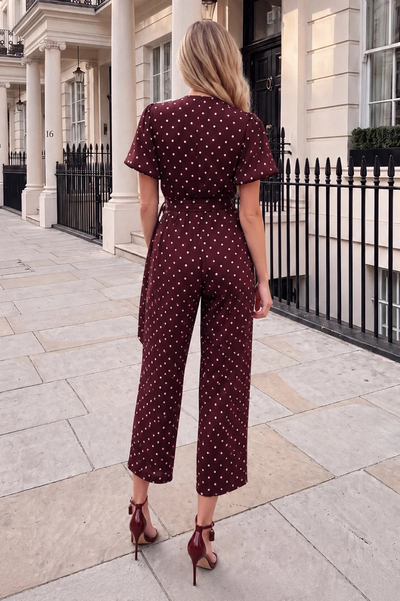 AX PARIS BURGUNDY POLKA DOT BELTED WRAP JUMPSUIT