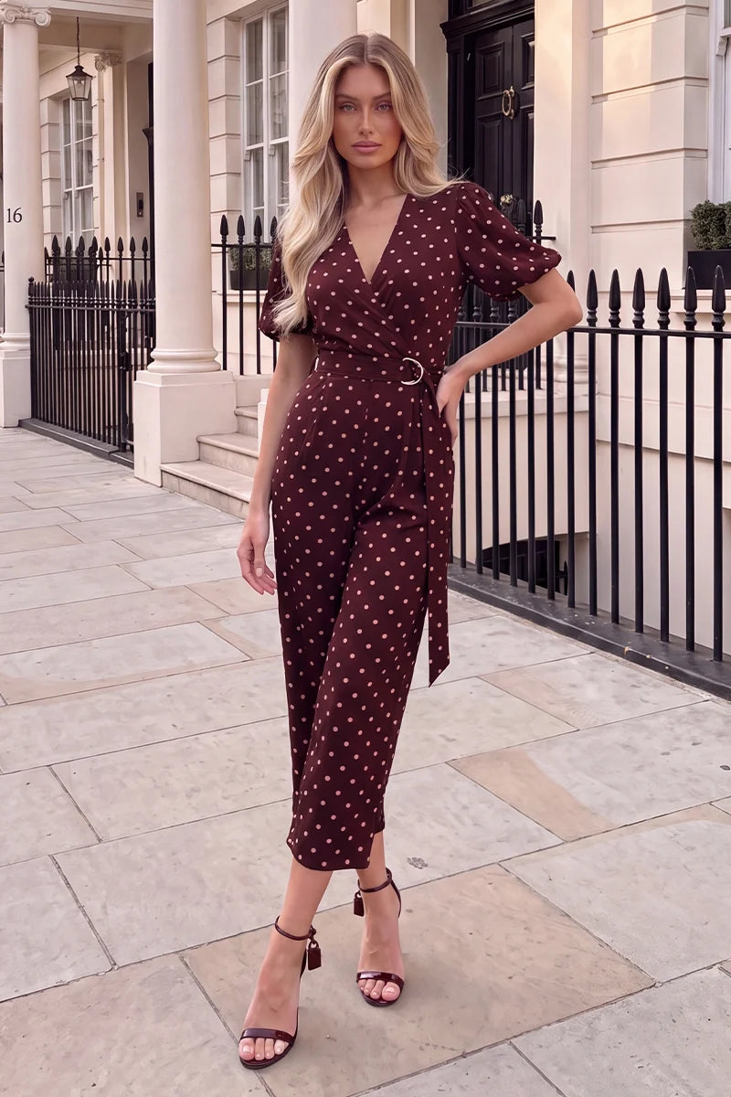 AX PARIS BURGUNDY POLKA DOT BELTED WRAP JUMPSUIT