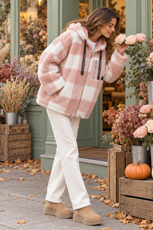 PINK AND WHITE CHECK POCKET DETAIL HOODED TEDDY JACKET