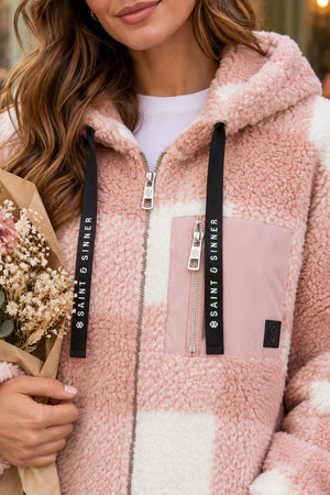 PINK AND WHITE CHECK POCKET DETAIL HOODED TEDDY JACKET