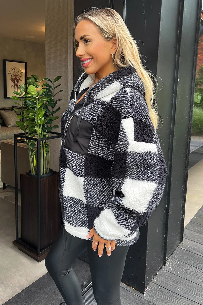 BLACK AND WHITE CHECK POCKET DETAIL HOODED TEDDY JACKET