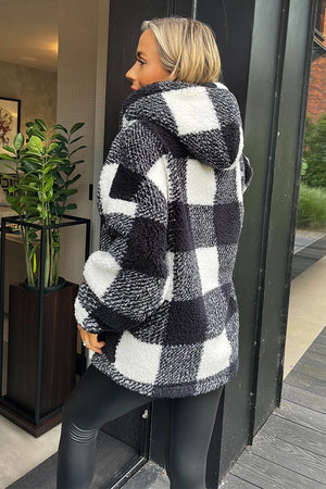 BLACK AND WHITE CHECK POCKET DETAIL HOODED TEDDY JACKET
