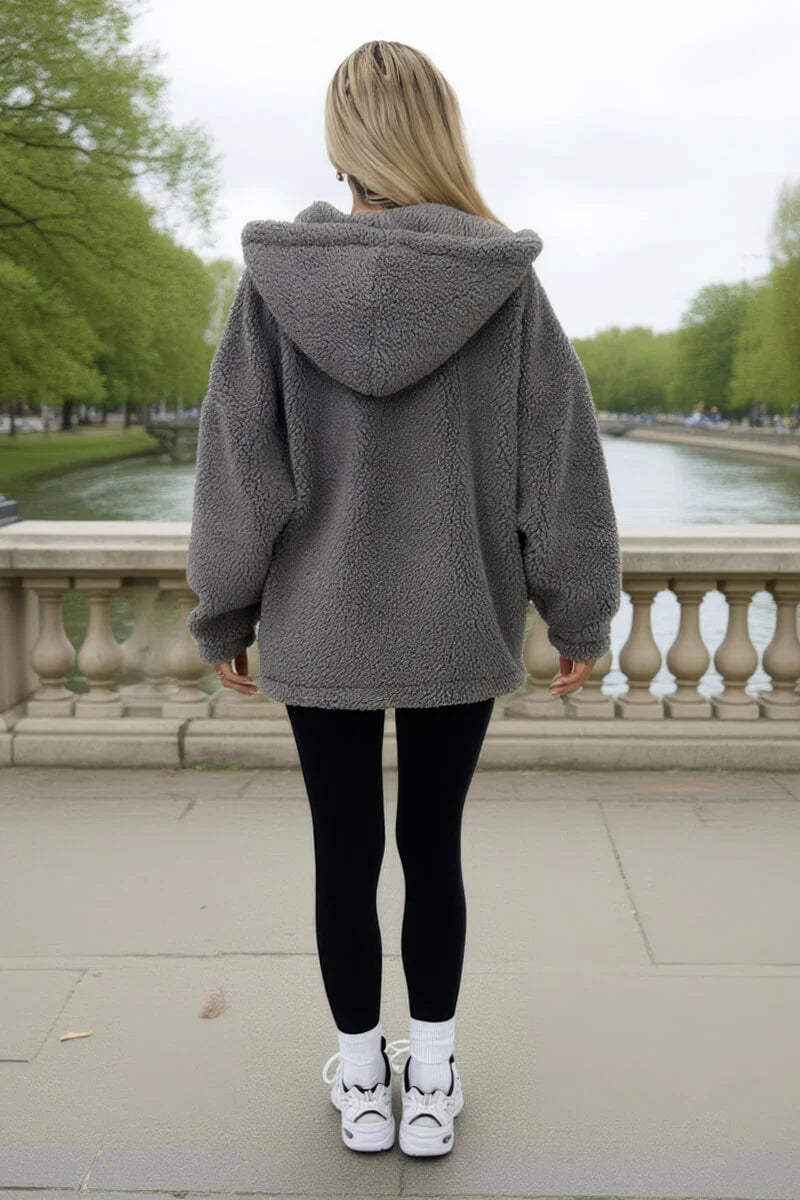 AX PARIS GREY POCKET DETAIL HOODED TEDDY JACKET
