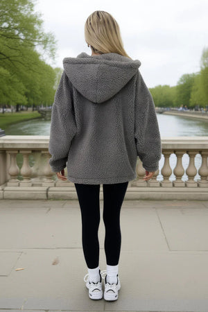 AX PARIS GREY POCKET DETAIL HOODED TEDDY JACKET