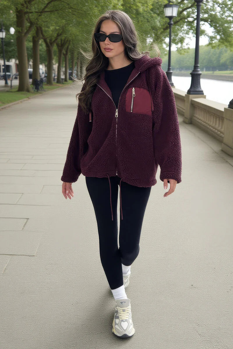 AX PARIS BURGUNDY POCKET DETAIL HOODED TEDDY JACKET