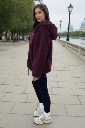 AX PARIS BURGUNDY POCKET DETAIL HOODED TEDDY JACKET