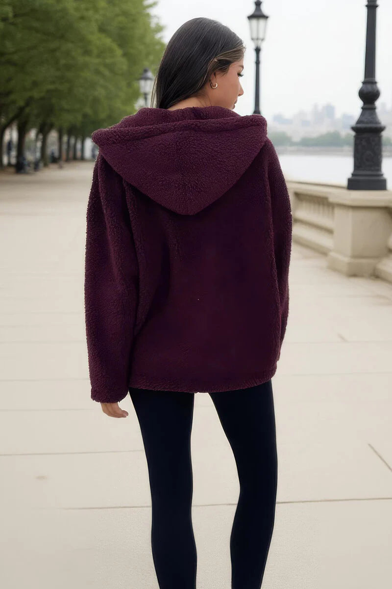 AX PARIS BURGUNDY POCKET DETAIL HOODED TEDDY JACKET
