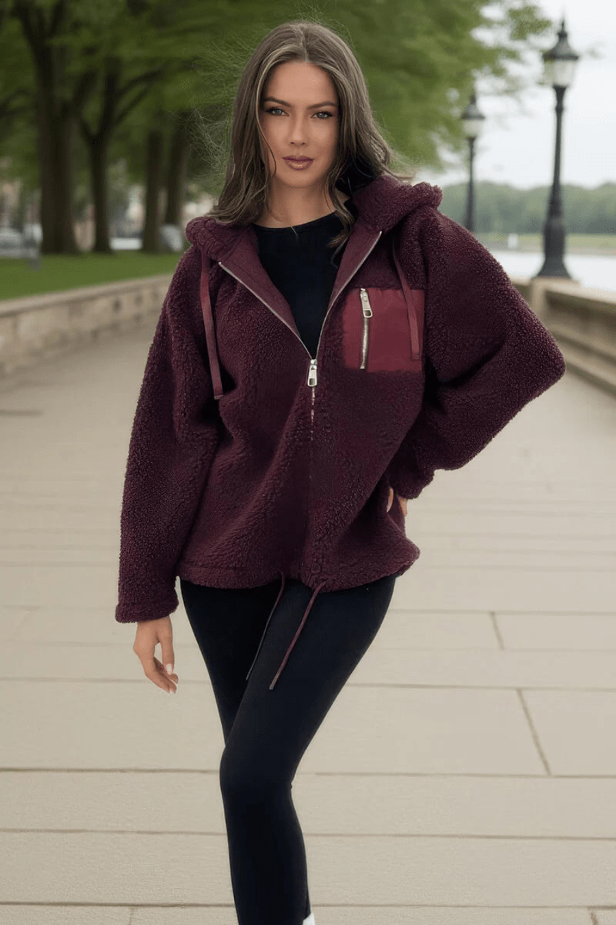 AX PARIS BURGUNDY POCKET DETAIL HOODED TEDDY JACKET