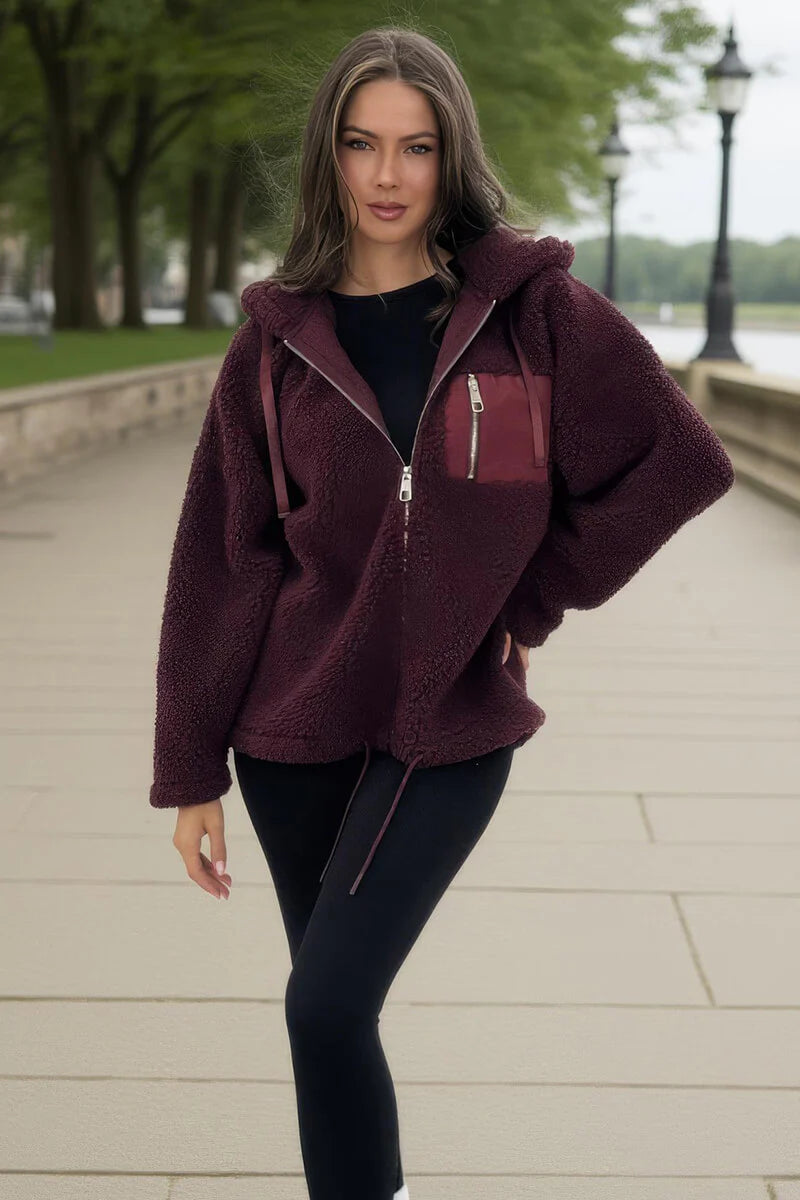 AX PARIS BURGUNDY POCKET DETAIL HOODED TEDDY JACKET