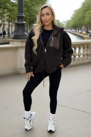 AX PARIS CHOCOLATE POCKET DETAIL HOODED TEDDY JACKET