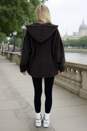 AX PARIS CHOCOLATE POCKET DETAIL HOODED TEDDY JACKET