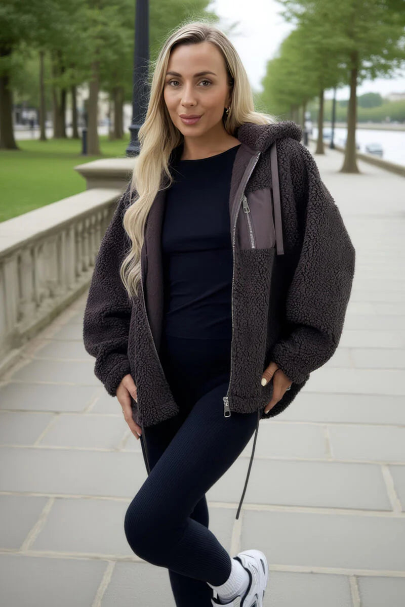 AX PARIS CHOCOLATE POCKET DETAIL HOODED TEDDY JACKET