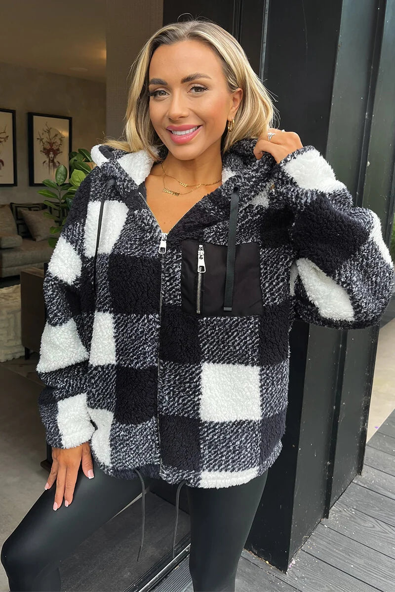BLACK AND WHITE CHECK POCKET DETAIL HOODED TEDDY JACKET