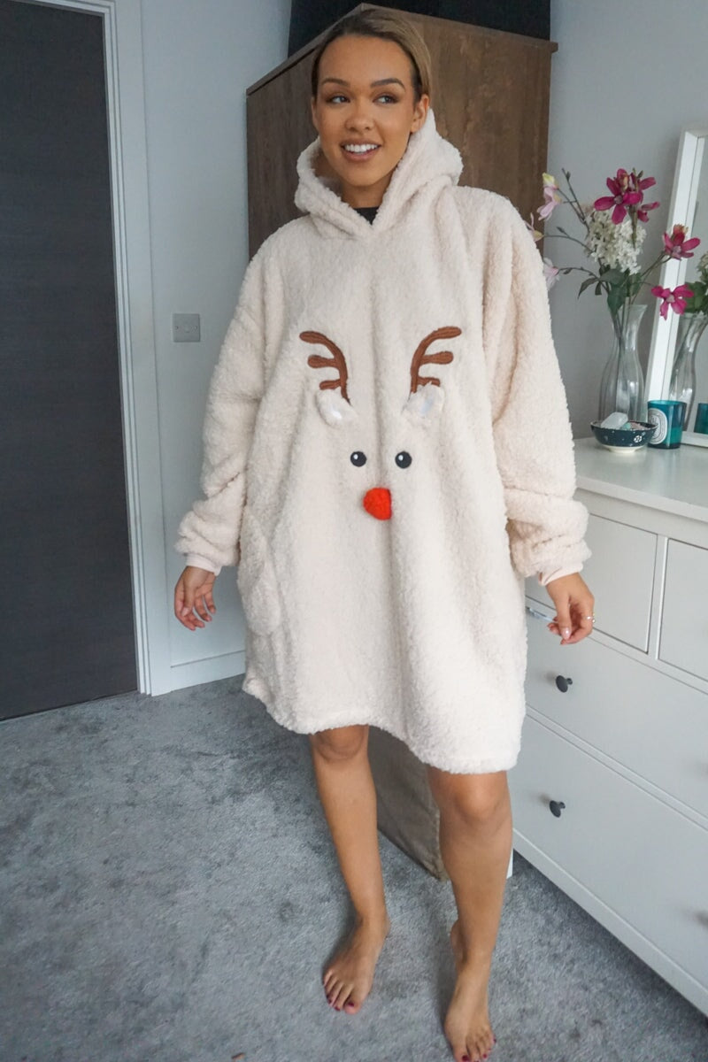 CREAM TEDDY OVERSIZED REINDEER SNUGGLE HOODIE