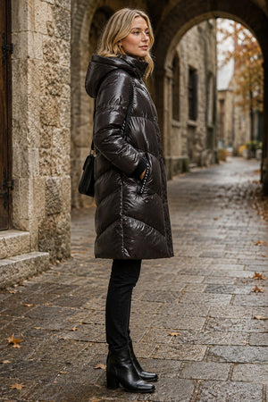 BLACK QUILTED PUFFER HOODED COAT