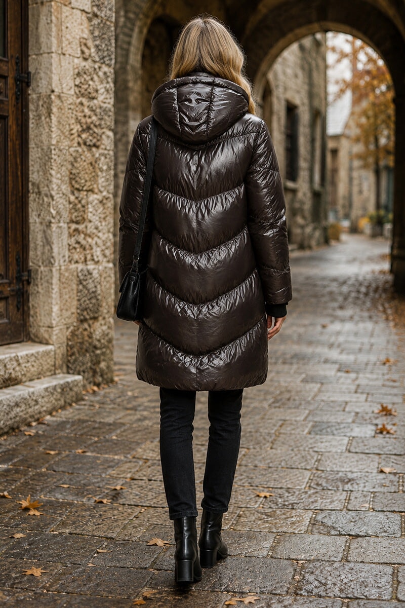 BLACK QUILTED PUFFER HOODED COAT