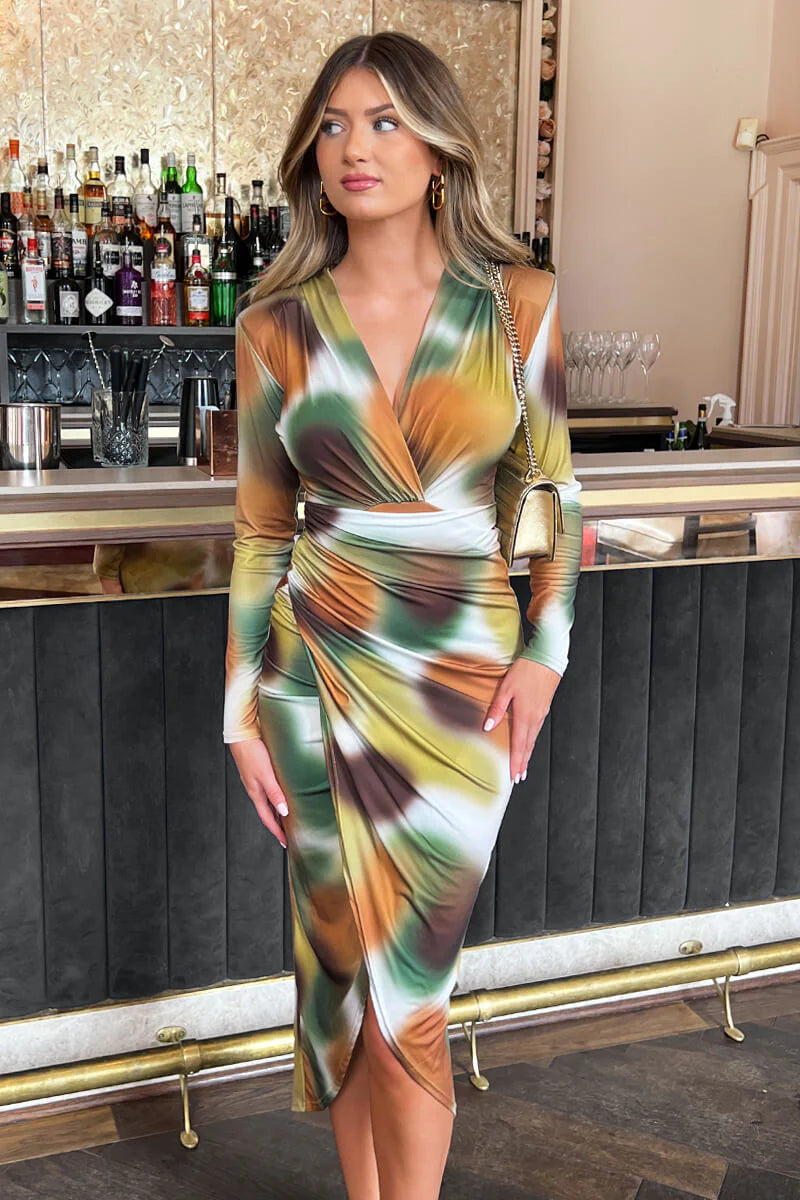 AX PARIS KHAKI PRINTED LONG SLEEVE WRAP MIDI DRESS AXP OUTLET