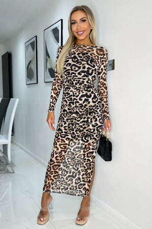 AX PARIS MULTI LEOPARD PRINT MESH OVERLAY LONG SLEEVE BODYCON MIDI DRESS