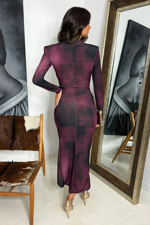 AX PARIS WINE LONG SLEEVE WRAP MIDI DRESS