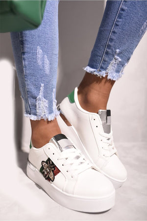 WHITE BEE ENCRUSTED LACE UP PLATFORM TRAINER