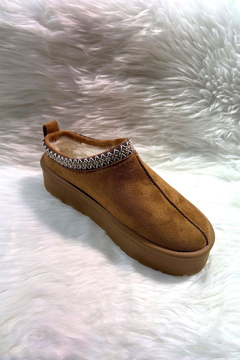 CAMEL FAUX SUEDE SLIP ON PLATFORM SLIPPERS