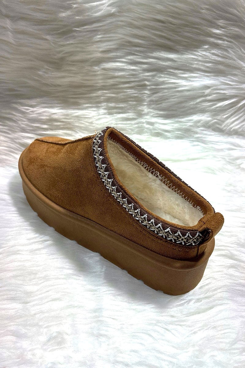 CAMEL FAUX SUEDE SLIP ON PLATFORM SLIPPERS