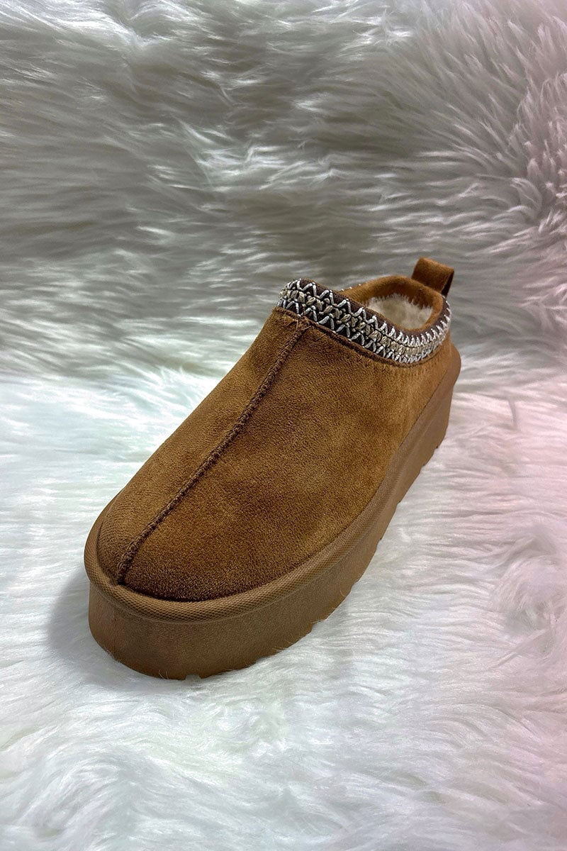 CAMEL FAUX SUEDE SLIP ON PLATFORM SLIPPERS