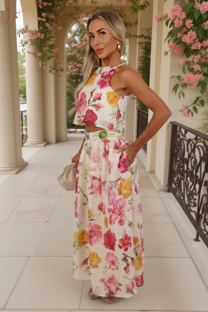 AX PARIS MULTI FLORAL PRINT PLEATED MIDI SKIRT