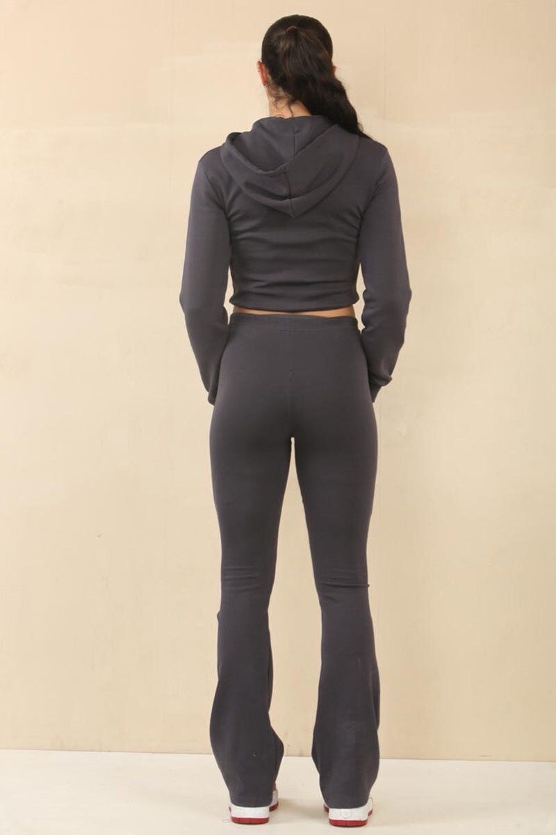 SLATE GREY CROPPED ZIPPED HOODIE WITH BELL BOTTOM TROUSER