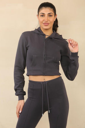 SLATE GREY CROPPED ZIPPED HOODIE WITH BELL BOTTOM TROUSER