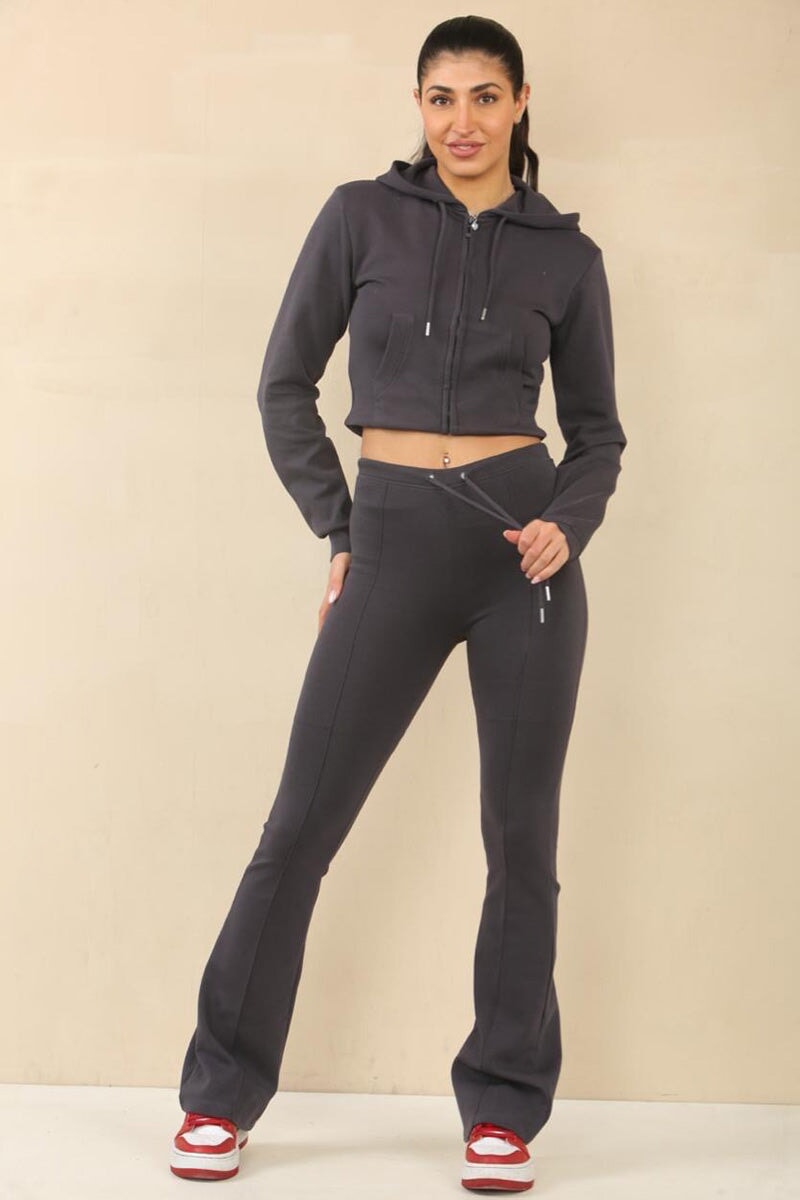 SLATE GREY CROPPED ZIPPED HOODIE WITH BELL BOTTOM TROUSER