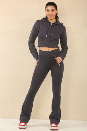 SLATE GREY CROPPED ZIPPED HOODIE WITH BELL BOTTOM TROUSER