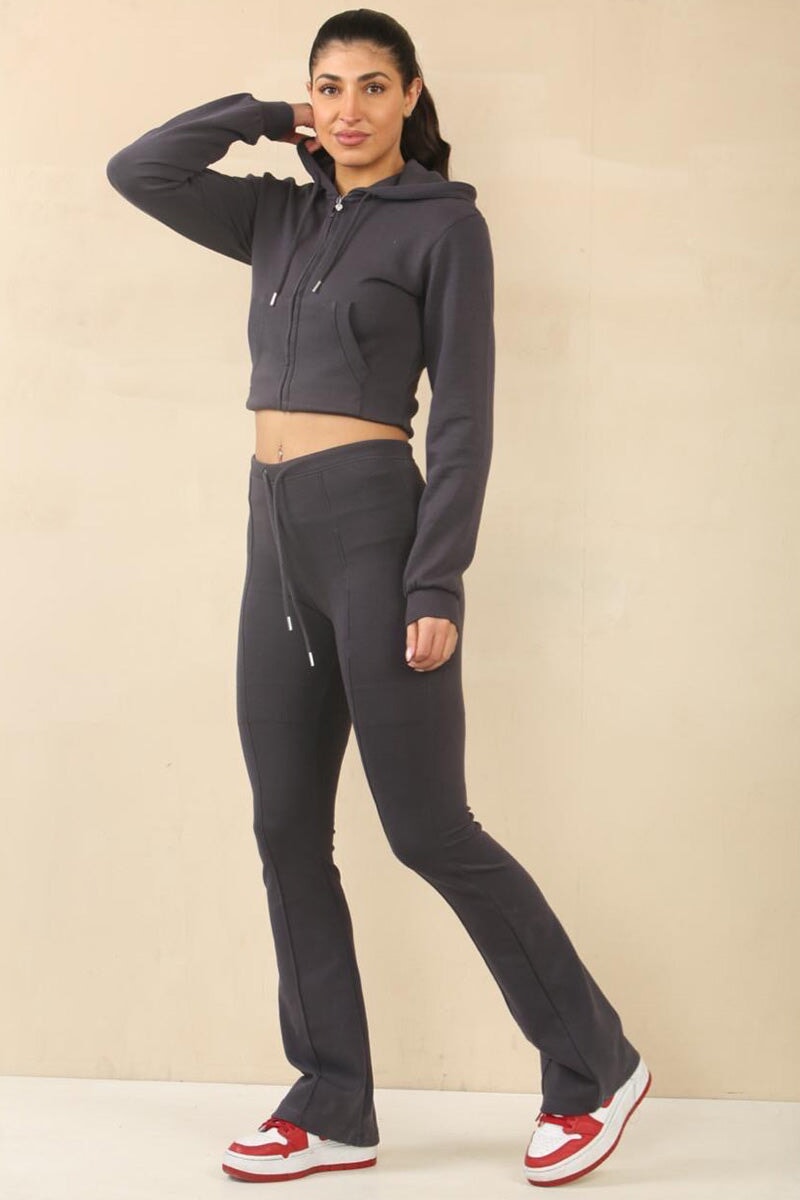 SLATE GREY CROPPED ZIPPED HOODIE WITH BELL BOTTOM TROUSER