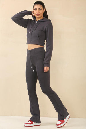 SLATE GREY CROPPED ZIPPED HOODIE WITH BELL BOTTOM TROUSER