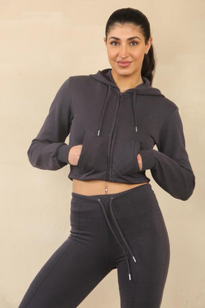 SLATE GREY CROPPED ZIPPED HOODIE WITH BELL BOTTOM TROUSER