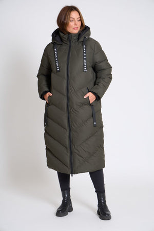 KHAKI HOODED PUFFER COAT WITH 2 ZIP FRONT POCKETS