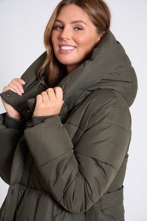 KHAKI QUILTED LONGLINE BELTED HOODED COAT