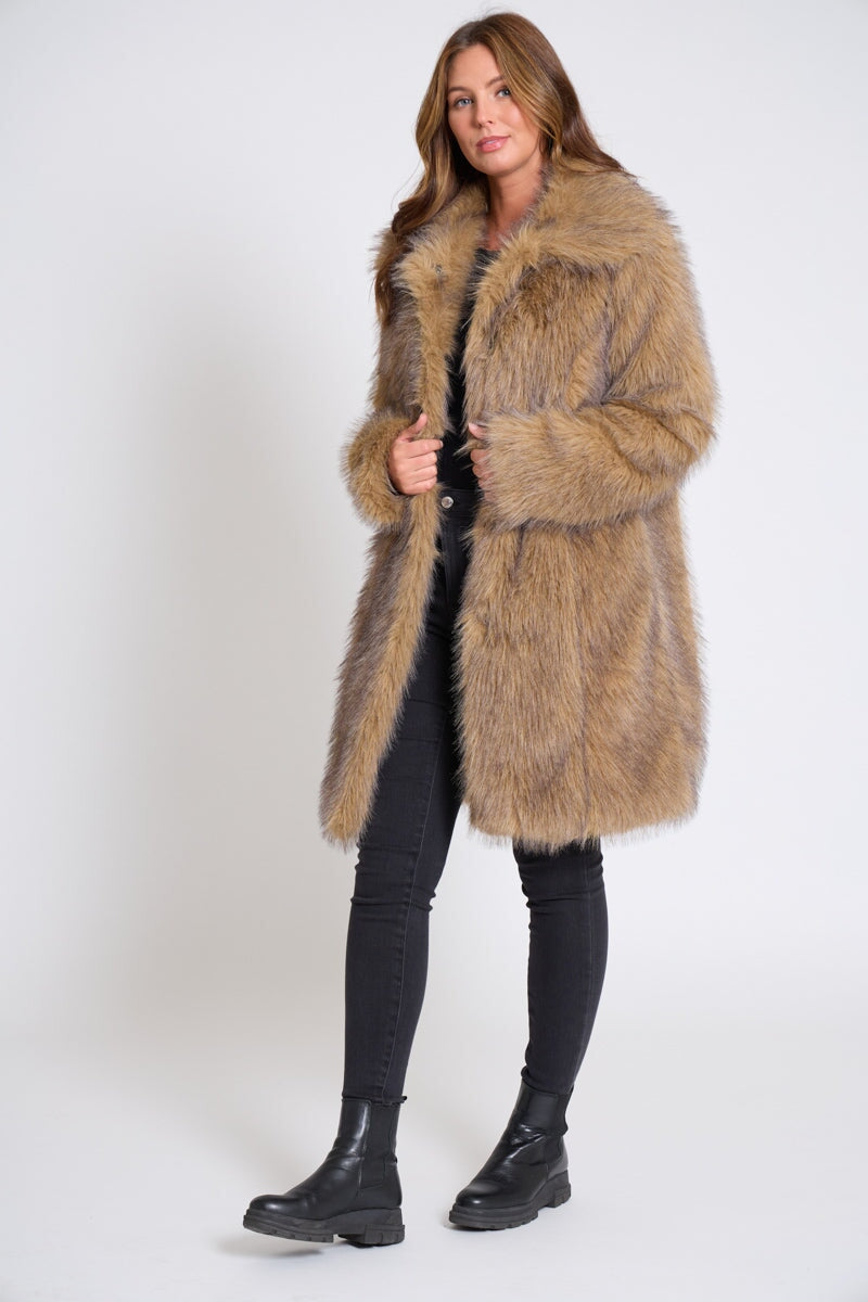 BROWN TIPPED FAUX FUR LONG JACKET